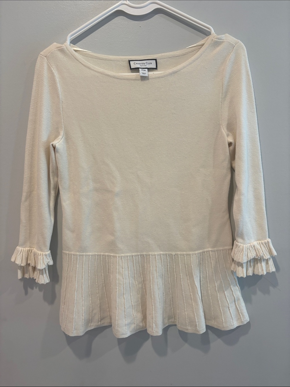 Charter Club Ivory Ruffle Peplum Knit Top ptp 15-16 1/2 tagged pm length 23 1/2